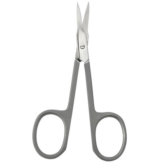 Forbici professionali per unghie in acciaio inox con manico sabbiato e lama curva, ideali per manicure precise e professionali.