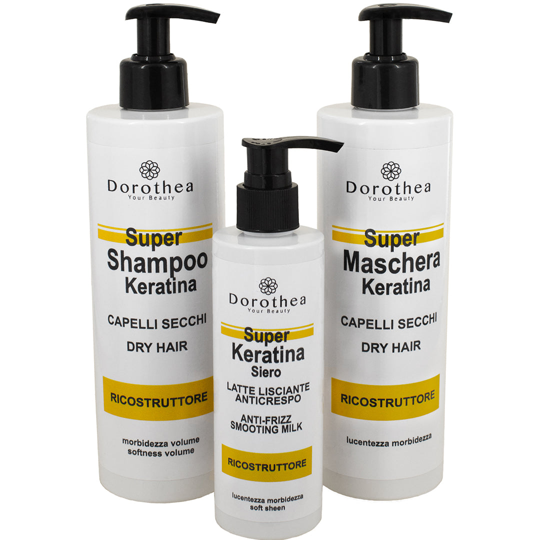 Kit bellezza capelli ricostruzione con shampoo, maschera e siero alla cheratina, contenitori bianchi con etichette nere e gialle, per capelli secchi e danneggiati