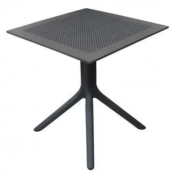 Tavolo Jarvis in polipropilene antracite 70 X 70 con design moderno e superficie traforata, ideale per spazi esterni.