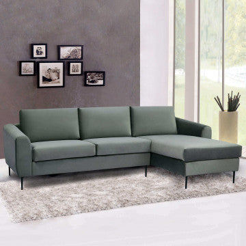 Divano con chaise longue in tessuto grigio, gambe metallo, 180x97x85 cm