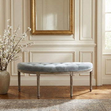 Panca in legno con seduta in velluto grigio, 125x45x48 cm