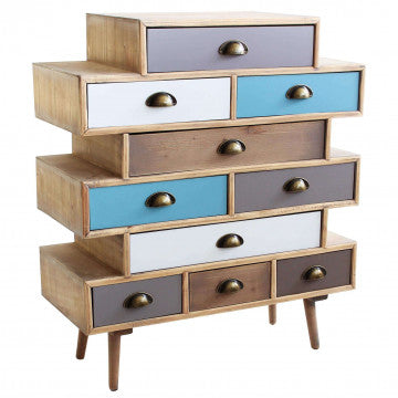 Mobiletto con struttura MDF, gambe pino, 10 cassetti colorati 80x36,5x91,5 cm