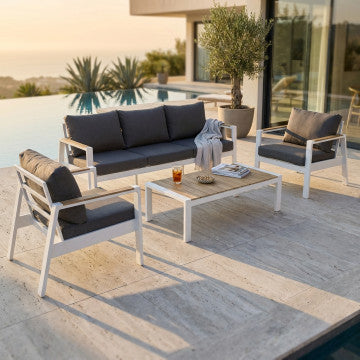 Salotto in alluminio e polywood con cuscini, divano 201x84 cm