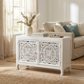 Mobile in legno di mango con 2 ante, bianco, 125x45x80 cm