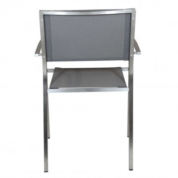 Retro della Poltrona Florida in textilene grigio e acciaio inox, design impilabile e resistente per uso esterno in giardini e terrazze.