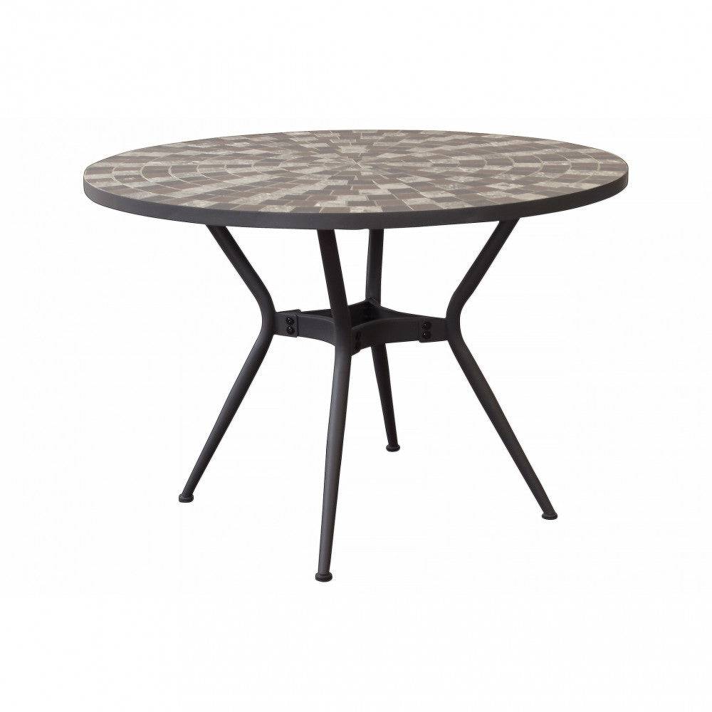 Tavolo rotondo Zefiro Ø 110 in ceramica con piano mosaico beige antracite, struttura in metallo nero, ideale per giardino esterno, design elegante