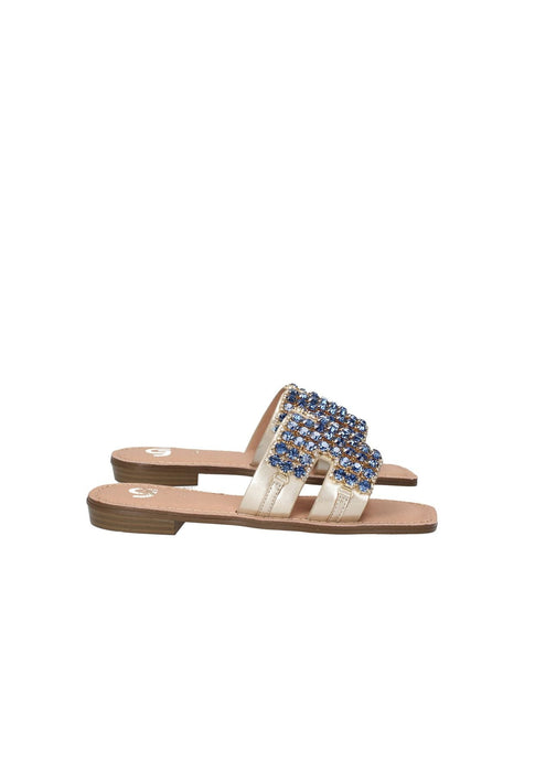 Sandalo Oxford Gold E Gold Con Strass In Ecopelle Fascia Sottopiede In Pelle Fondo Gomma Tacco Alto 3 Cm