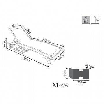 Schema tecnico del lettino regolabile in legno di acacia con tessilene bianco, dimensioni 196x65.5cm, con ruote per mobilità facile