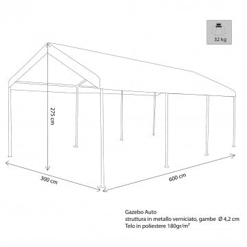 Gazebo pieghevole 3x6 metri telo poliestere 140 gr struttura metallo