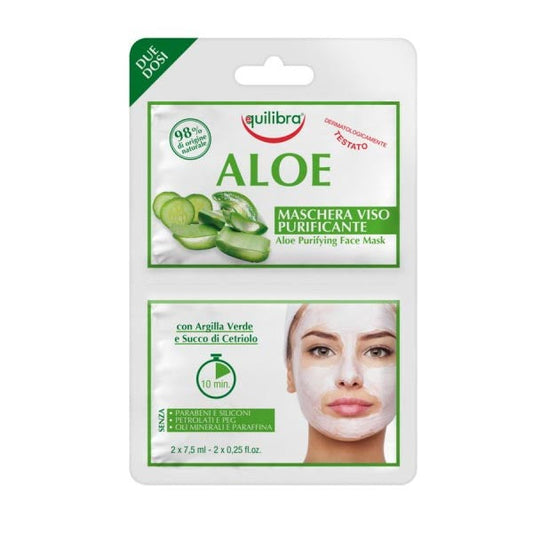 Maschera viso purificante aloe in confezione con due monodosi da 7,5 ml, con argilla verde e succo di cetriolo, ideale per pelle impura