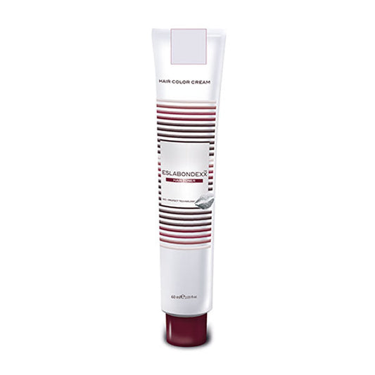 Tubo di crema tonalizzante ESLABONDEXX TONER BIONDO ARGENTO, contenitore bianco con dettagli rossi e viola, ideale per riflessi naturali e lucentezza dei capelli.