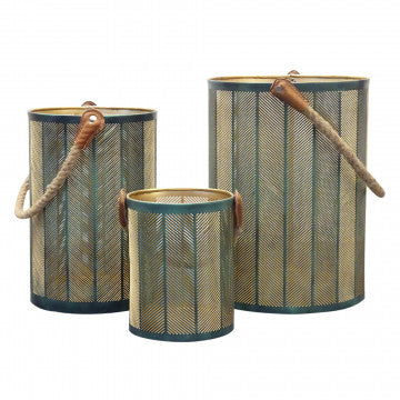 Set 3 lanterne metalliche con decoro, manico juta, interno oro