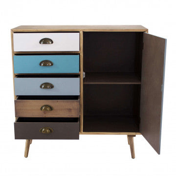 Mobiletto con struttura MDF, gambe legno pino, top naturale, 1 anta e 5 cassetti