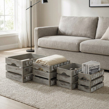 Set 4 cassette legno paulonia grigio decorate dimensioni progressive