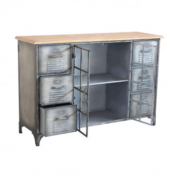 Mobile in ferro e legno con 2 ante e 6 cassetti, 124,5 x 40,5 x 83 cm