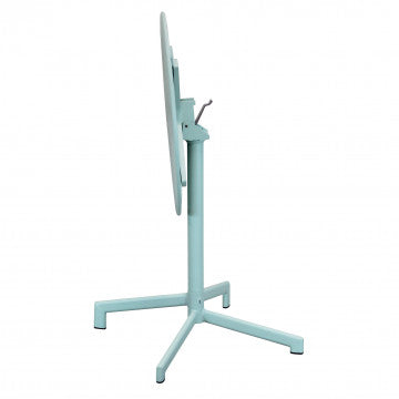 Vista laterale del Tavolo Vega ø 60 azzurro chiaro con piano ribaltabile, perfetto per terrazze e giardini.