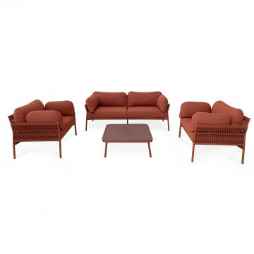 Divano 3 posti con poltrona e tavolino, struttura alluminio, rivestimento corda PVC