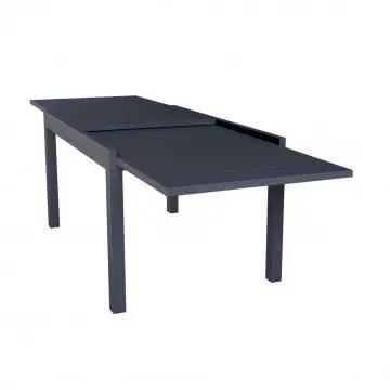 Tavolo allungabile Hawaii in alluminio antracite con piano parzialmente esteso, perfetto per spazi outdoor versatili.