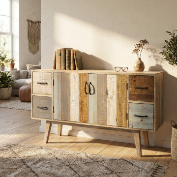 Mobile in legno colorato con 4 cassetti e 2 ante, 131x40x77 cm