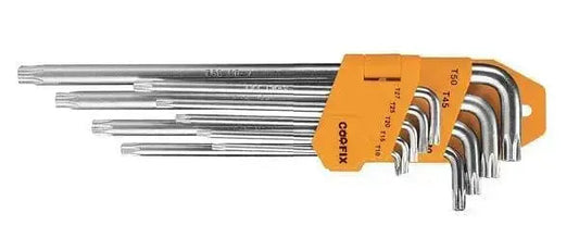 Set 9 chiavi torx lunghe c/foro CRV con finitura cromata da T10 a T50, in acciaio cromo vanadio con supporto arancione Coofix.