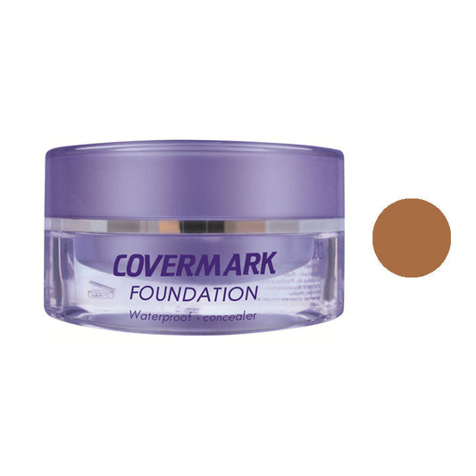 Contenitore di fondotinta coprente COVERMARK FOUNDATION VASO 15 ml color marrone, confezione in vasetto di plastica viola, ideale per copertura inestetismi cutanei, resistente all'acqua.