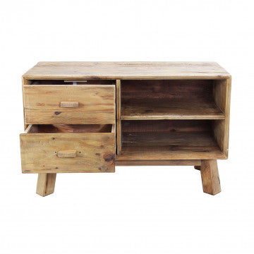 Mobile con 2 ripiani e 2 cassetti in legno di pino riciclato 90x40x55 cm