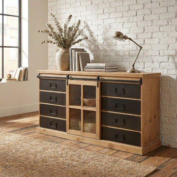 Mobile in legno e acciaio con dimensioni 147x42,3x75 cm, peso 35 kg