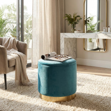 Pouf contenitore rotondo in velluto verde, diametro 37 cm, altezza 40 cm