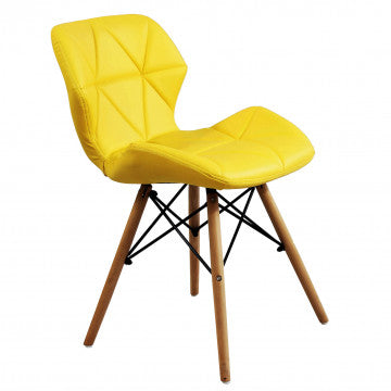 Sedia con struttura metallo, seduta ecopelle gialla e gambe in legno