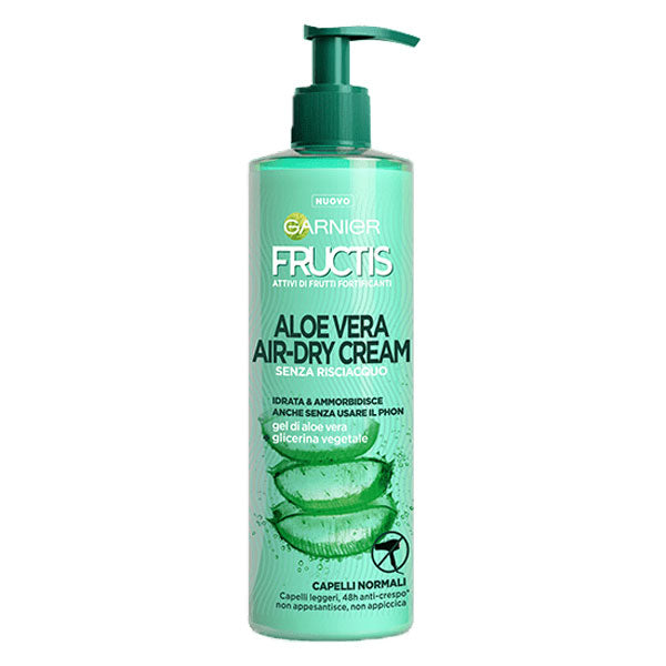 Bottiglia di crema capelli Aloe Vera Air Dry Cream Garnier Fructis con dispenser verde, idratante e nutriente, ideale per capelli normali