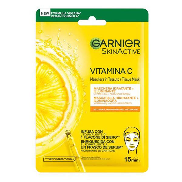 Maschera viso in tessuto GARNIER Skin Active Vitamina C, colore giallo brillante con immagine di fetta di limone, idratante e illuminante, confezione da 28g
