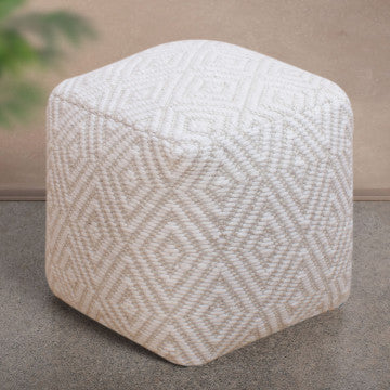 Pouf quadrato in lana avorio, dimensioni 40x40x40 cm, peso 2,24 kg