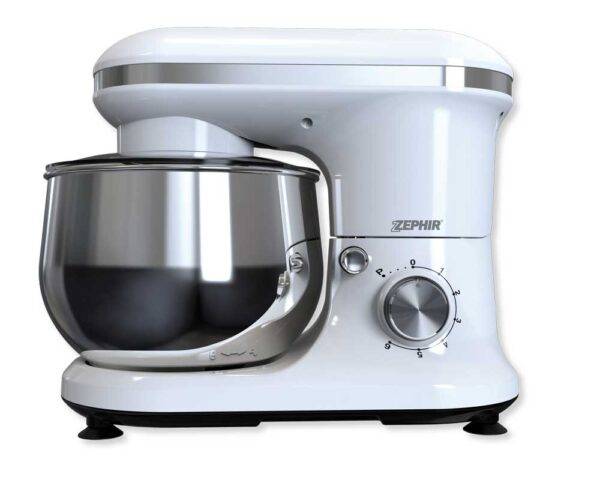 Impastatrice planetaria Zephir 1000W in acciaio bianco, con ciotola in acciaio inox e regolatore di velocità, ideale per cucina casalinga e professionale