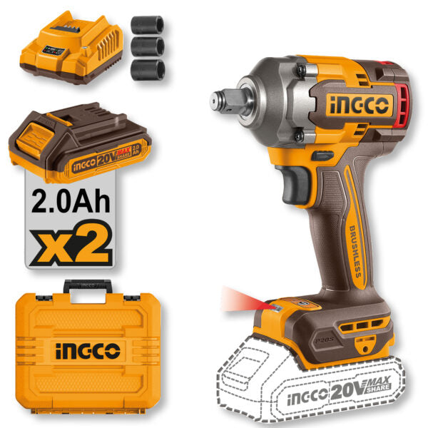 Avvitatore a Impulsi 20V 1/2" 400Nm con 2 Batterie 2.0Ah Ingco