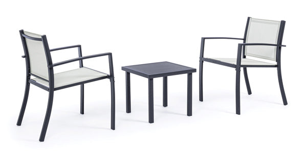 Salotto da Esterno Auri 3 Pezzi in Acciaio e Texilene – Antracite con due poltrone e tavolino quadrato, ideale per giardini e terrazze moderne.