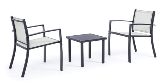 Salotto da Esterno Auri 3 Pezzi in Acciaio e Texilene – Antracite con due poltrone e tavolino quadrato, ideale per giardini e terrazze moderne.
