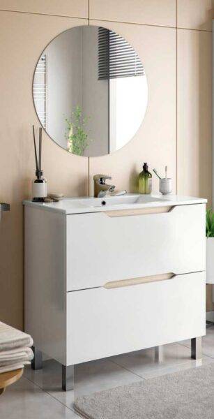 Mobile Bagno Lea 80 2 Cassetti Bianco Lucido Rovere