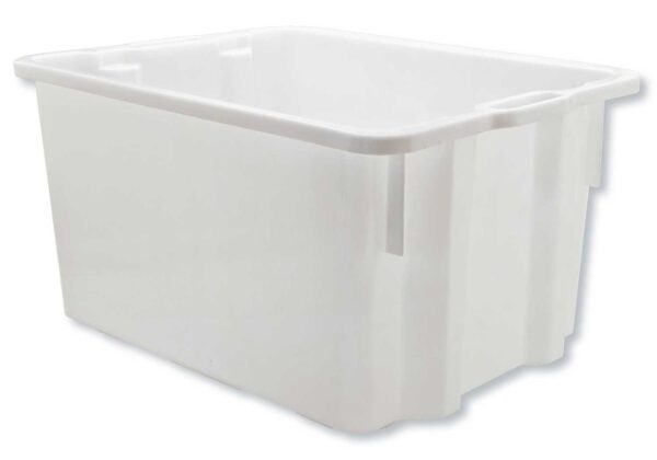 Cassa chiusa PEHD 50 litri bianca, alimentare, 55x43x31 cm, sovrapponibile e robusta per uso industriale e conservazione utensili.