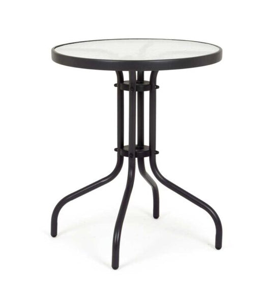 Tavolo da esterno in acciaio nero Ø60 cm con piano in vetro temperato, ideale per giardino o terrazza. Design moderno e struttura resistente.