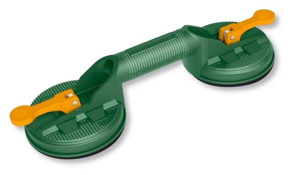 Ventosa Doppia 115MM 25KG in plastica verde con leve gialle, utensile per sollevamento sicuro di vetro e superfici lisce. Ideale per uso professionale.