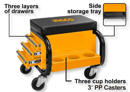 Carrello portautensili Ingco con sedile ergonomico, tre cassetti, ruote piroettanti, scomparto laterale e portata 110kg, ideale per officina.