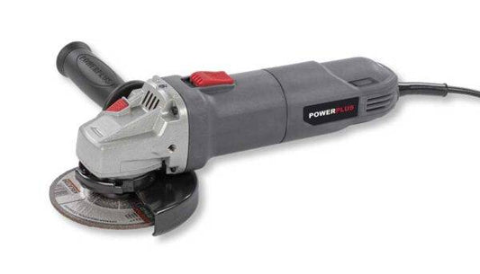 Smerigliatrice angolare da 115mm con motore da 800W, corpo in plastica nera e grigia, impugnatura laterale e disco per taglio e levigatura