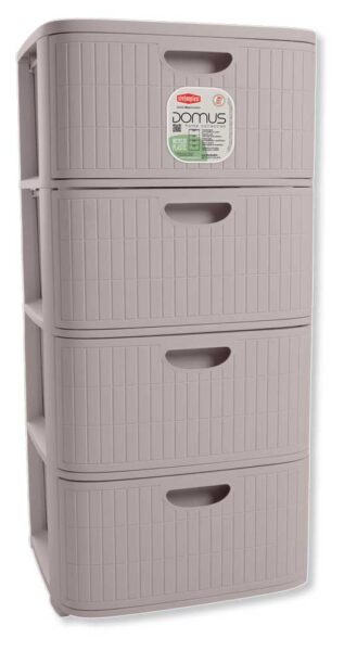 Cassettiera in plastica rigenerata color grigio chiaro con 4 cassetti, maniglie integrate, ideale per organizzare spazi in casa o ufficio