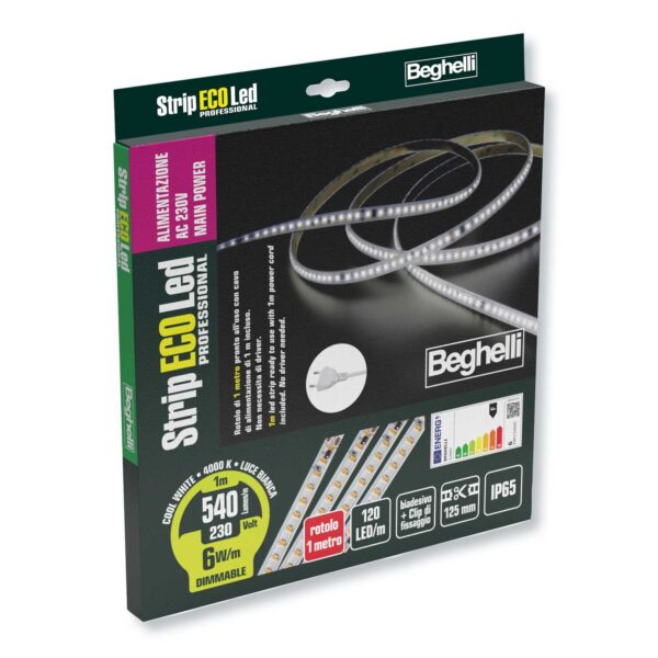 Confezione Strip LED 1 metro IP65 230V, 6W luce naturale 4000K, tagliabile Beghelli per illuminazione decorativa da interno ed esterno.