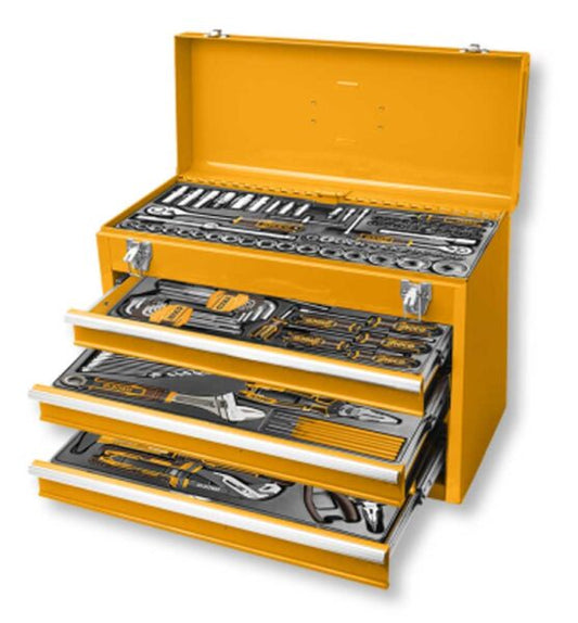 Cassetta portautensili in metallo giallo con 132 utensili professionali, cassetti estraibili e organizer interno, ideale per officina.