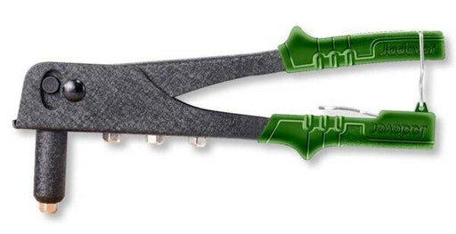Rivettatrice Manuale 10.5P Jadever con impugnatura ergonomica verde, ideale per rivetti in alluminio. Strumento versatile e affidabile per utensileria.