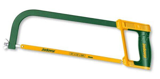 Seghetto manuale regolabile 300MM con telaio in ABS/TPR verde e giallo e lama inclusa Jadaver. Ideale per tagli precisi in falegnameria e bricolage.