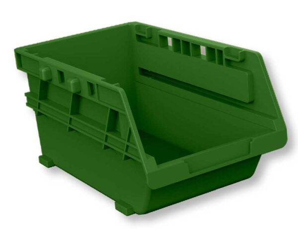 Contenitore impilabile in plastica PP verde 165x110x80 mm, ideale per organizzare oggetti in casa o in garage con sistema sovrapponibile.