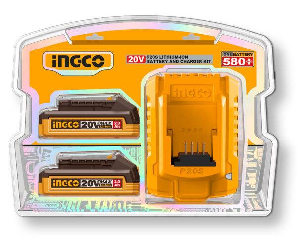 Kit batteria P20S con due batterie 20V 2Ah e caricabatterie giallo, compatibile con strumenti cordless, confezione trasparente con logo INCO