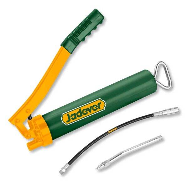 Pistola ingrassare 400CC Jadever con leva manuale, tubo flessibile e beccuccio rigido per lubrificazione precisa in ambito manutenzione industriale.